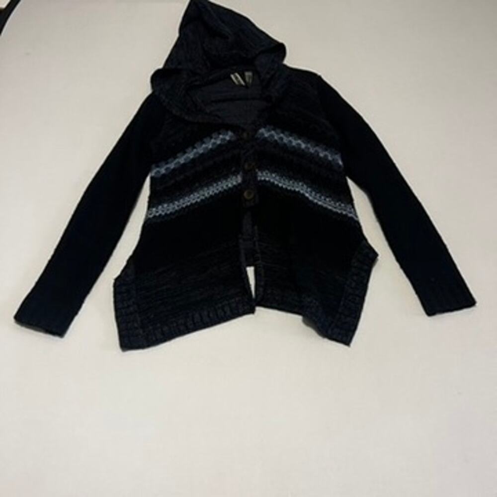 BKE | Blue & Black Mixed-Knit Hooded Cardigan Sweater - Medium